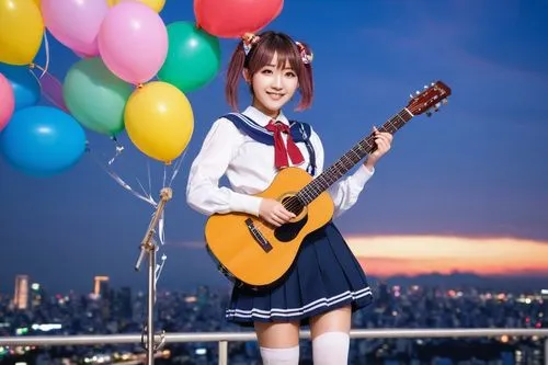 Kaprisun, Japanese idol, cute smile, sparkling eyes, twin tails hairstyle, colorful hair clips, sailor-style school uniform, short pleated skirt, white knee-high socks, brown loafers, holding a guitar