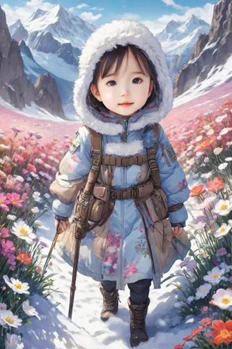 A BEAUTIFUL WOMAN IN A FIELD OF FLOWERS, FULL BODY VIEW, PROFESSIONAL IMAGE, {{image with intricate details}}, {{high quality image}}, {{BALANCED EMPHASIS FOR EACH ELEMENT VISUAL}}.,eskimo,little girl