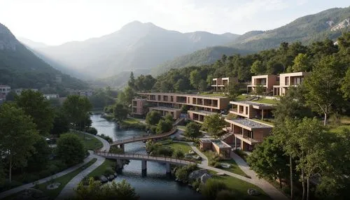 rivendell,alpine village,building valley,amanresorts,ecovillages,oberland,mountain valley,mountain settlement,mountain village,streamwood,vajont,rendalen,bogart village,render,green valley,house in the mountains,riftwar,3d rendering,fallingwater,ullevalseter