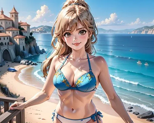 Brigitte Bardot, bikini, anime. smiling,a cartoon girl in blue bikini on a balcony,beach background,nami,summer background,niijima,cagli,sanya,Anime,Anime,General