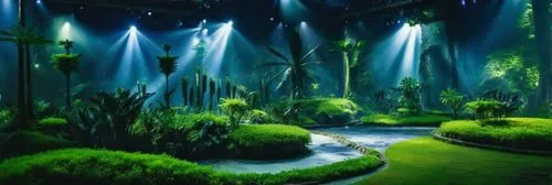 Create an image depicting a Brazilian exhibition featuring a vibrant, lively rainforest. The scene includes a green hill covered with lush moss that serves as the path through the exhibition. Lighting