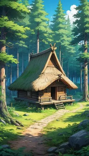 log cabin,log home,house in the forest,cartoon video game background,wooden hut,the cabin in the mountains,Illustration,Japanese style,Japanese Style 03