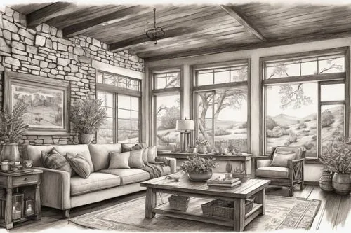 sunroom,country cottage,sitting room,rustic aesthetic,rustic,living room,livingroom,boho art style,summer cottage,home interior,family room,cottage,wooden beams,country house,wooden windows,antique style,home landscape,inglenook,boho art,barnwood,Illustration,Black and White,Black and White 30