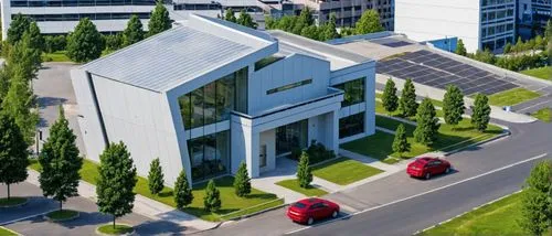 a large white building with solar panels on top,solar cell base,modern building,modern house,modern architecture,industrial building,cube house,Photography,General,Realistic