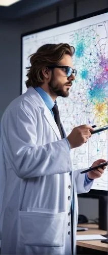 Network analysis architecture, futuristic laboratory, researcher, white lab coat, glasses, messy brown hair, focused expression, holding tablet, standing in front of large screen display, complex netw