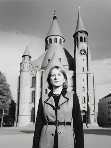 B&W photo: Ms. Eva H. in front of the Kaiser Wilhelm Memorial Church in Berlin.,a woman in front of a building with large towers,iulia hasdeu castle,ingrid bergman,colditz,gellhorn,baranski,vasilescu,