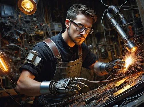 Robot maker, workshop, male engineer, 30s, bespectacled, short hair, worn jeans, black leather apron, welding torch, metal scraps, circuit boards, wires, robotic arms, LED lights, futuristic, industri