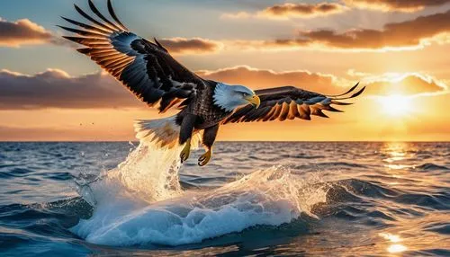 An eagle flying majestically above the surface of the clear blue sea. Suddenly, a great white shark leaps out of the water with its mouth wide open, about to devour the eagle. The sky is bright with a