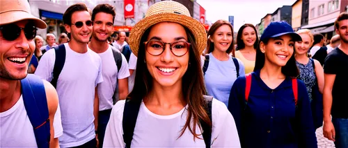 crowded city street, daytime, various ages, diverse ethnicities, casual clothing, backpacks, hats, sunglasses, smiling faces, lively atmosphere, shallow depth of field, natural light, 3/4 composition,