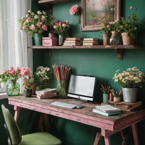 writing desk,desk,workspace,green chrysanthemums,secretary desk,home office,work space,working space,pink green,wooden desk,office desk,floral background,flower arranging,flower wall en,floral corner,shabby-chic,vintage anise green background,study room,shabby chic,workroom,Conceptual Art,Fantasy,Fantasy 14