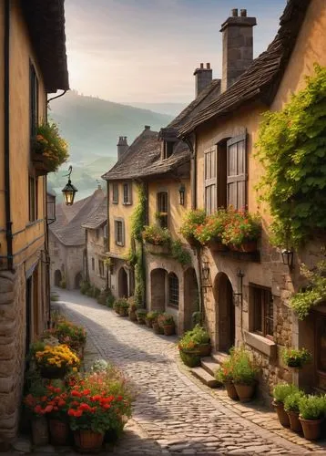 Quaint architecture village, medieval style, stone buildings, steeply pitched roofs, wooden shutters, flower boxes, cobblestone streets, lanterns, misty morning, soft warm lighting, European countrysi