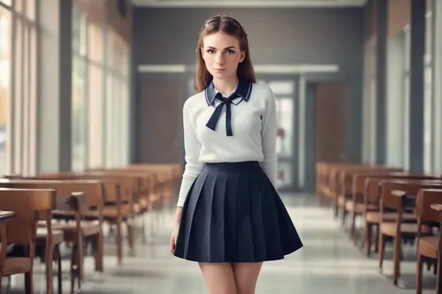 detailed full length photographic portrait of woman school uniform jumper and midi skirt perfect anatomy perfect model realistic masterpiece  on the blur background ,school skirt,school uniform,school