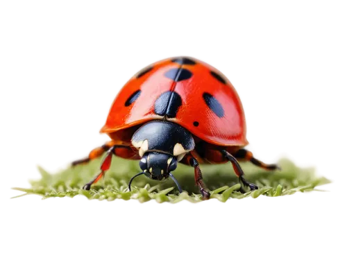 Ladybug, red shell, black spots, white wings, green grass, tiny legs, antennae, solo, close-up, shallow depth of field, warm color tone, soft natural lighting, 3/4 composition, detailed texture.,a lad