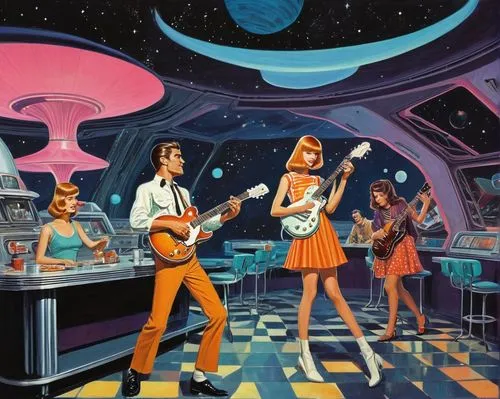 retro diner,star kitchen,musicians,science fiction,scene cosmic,space voyage,galaxy express,soda fountain,science-fiction,starship,music band,atomic age,lost in space,sci fiction illustration,spacefill,orchestra,violinist violinist of the moon,60s,astronautics,retro music,Conceptual Art,Sci-Fi,Sci-Fi 20