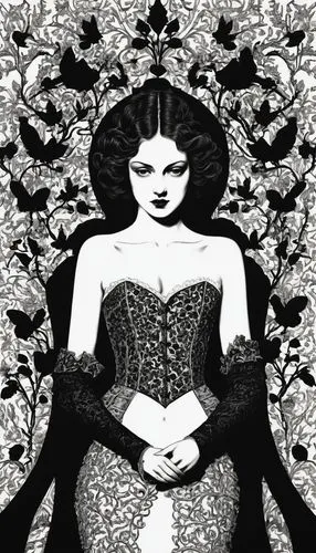 an illustration for Marquis de Sade's work Justine.,fornasetti,duchesse,art deco woman,comic halftone woman,rosson,baroness,marienbad,tairrie,noblewoman,the snow queen,vespertine,queen of the night,do