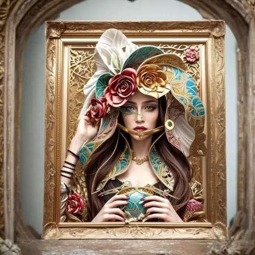 art nouveau frame,art nouveau frames,girl in a wreath,fantasy portrait,doll looking in mirror,baroque,painter doll,rococo,baroque angel,boho art,victorian lady,cleopatra,art nouveau,masquerade,the carnival of venice,venetian mask,porcelain rose,artist doll,magic mirror,floral frame