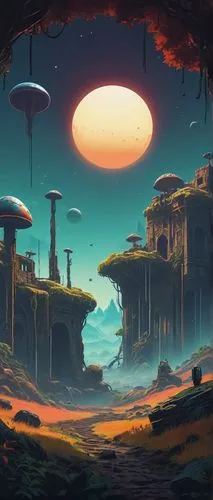 mushroom landscape,mushroom island,futuristic landscape,alien world,alien planet,fantasy landscape,homeworlds,wildstar,homeworld,primordia,wasteland,extrasolar,post-apocalyptic landscape,scifi,terraformed,habitats,lunar landscape,badland,offworld,wastelands,Art,Artistic Painting,Artistic Painting 06