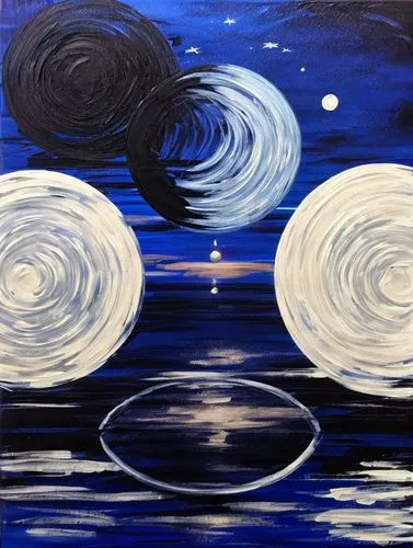 A blue and white acrylic painting of three moons, minimalistic brush strokes, simple shapes, flat colors, simple background, night sky, stars, reflection on water surface, soft lighting, moonlight, mo