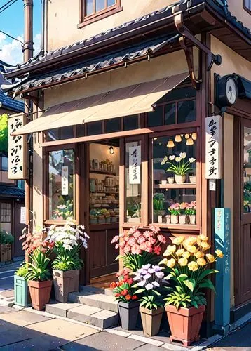 flower shop,komeda,corner flowers,flower stand,watercolor shops,flower booth,floral corner,flower boxes,watercolor tea shop,florist,soap shop,flower box,store front,otaru,ryokans,bakery,watercolor cafe,takuji,flower basket,kumashiro,Anime,Anime,Traditional