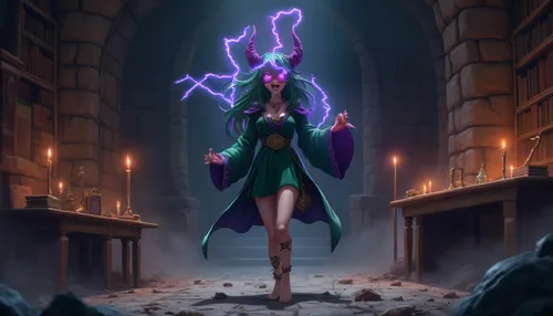 An angry girl sparks with purple lightning.,the dark knight is holding her staff and her purple hair,sorceress,sorceresses,conjurer,jarlaxle,spellcaster,ouanna