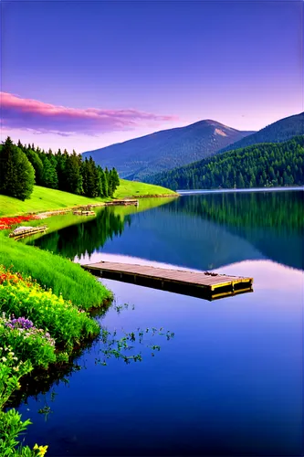 Scenic landscape, serene atmosphere, warm sunlight, rolling hills, lush green grass, vibrant wildflowers, misty mountains, tranquil lake, wooden dock, sailboats, seagulls flying overhead, soft focus, 