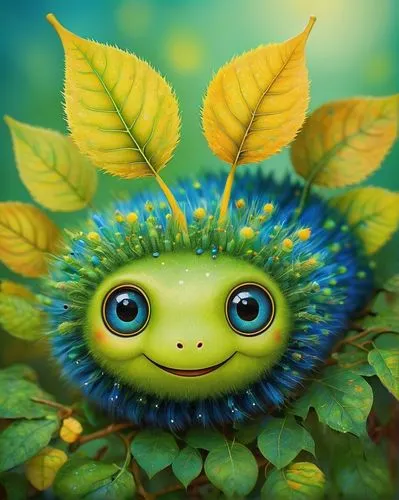 Trippy caterpillar, psychedelic colors, green body, yellow stripes, blue spots, fuzzy hair, big round eyes, smiling face, leaves background, sunny day, warm lighting, shallow depth of field, vibrant a