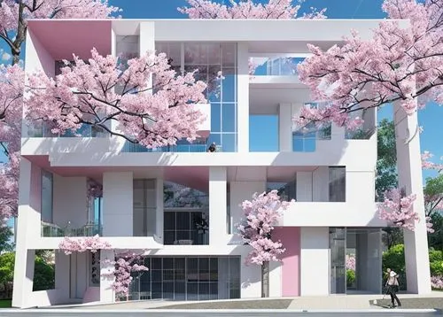 white bionic building. Surrounding around pink sakura trees, many pink sakura trees. around people,a pink building with trees in front,cubic house,sakura tree,sakura trees,sakura branch,cube house,han