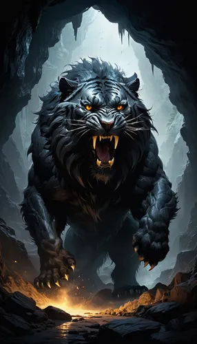 Black, fluffy, huge fantastic beast from another planet, on four legs, similar to a saber-toothed black tiger, black eyes, background of a dark cave, the silhouette of the beast merges with the darkne