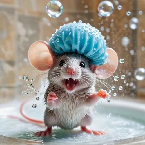 A singing happy cute [mouse] with a shower cap soaps itself with a sponge under the shower. it is full foam with flying soap bubbles. dynamic move. f1/8. realistic, splash art,  hyperdetailed, perfect