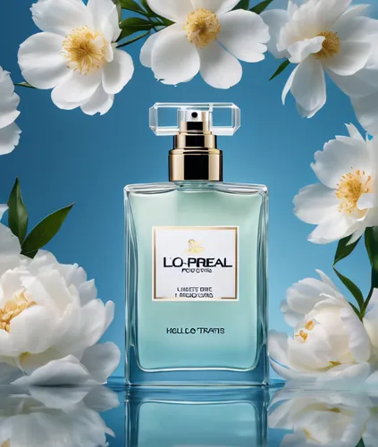 Elegant and highend perfume product poster, the brand name is "LO titles", surrounded by white peonies floating on water with clear light blue background, high resolution photography, commercial adver