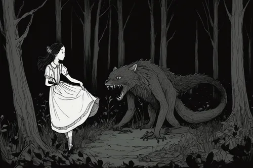 red riding hood,stroll,werewolves,two wolves,howl,little red riding hood,encounter,wolf couple,fairy tales,haunted forest,a fairy tale,fairy tale,book illustration,howling wolf,she feeds the lion,werewolf,the night of kupala,undergrowth,the witch,digital illustration,Illustration,Black and White,Black and White 02