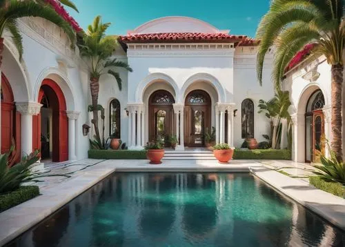 Modern villa, Wallace Neff style, luxury residence, Mediterranean Revival architecture, grand entrance, arched windows, stucco exterior, red clay roof tiles, ornate wooden doors, lush greenery, palm t