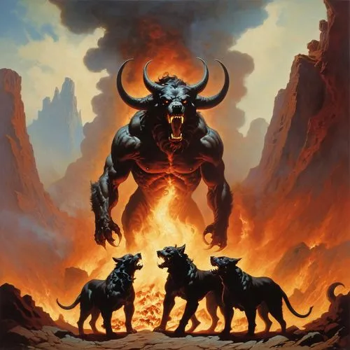 surtur,mastodon,hellhounds,balrog,behemoth,minotaur,hellhound,gwardia,moloch,frazetta,demonomicon,bugbears,demonology,kadath,sepultura,furies,narathorn,firelands,cataclysm,ifrit,Conceptual Art,Fantasy,Fantasy 29