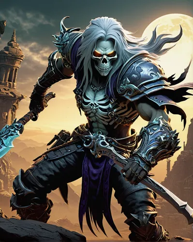 undead warlock,massively multiplayer online role-playing game,grimm reaper,dark elf,death god,gear shaper,skeleltt,raider,death angel,reaper,dane axe,paysandisia archon,warlord,monsoon banner,greyskull,blue enchantress,dance of death,game illustration,grim reaper,collectible card game,Art,Classical Oil Painting,Classical Oil Painting 35