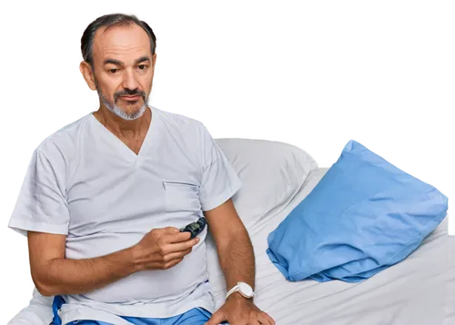 Older adult, diabetes patient, thinning hair, concerned facial expression, wearing a white hospital gown, IV tube on hand, insulin pump attached to waist, holding a glucose meter, sitting on a hospita