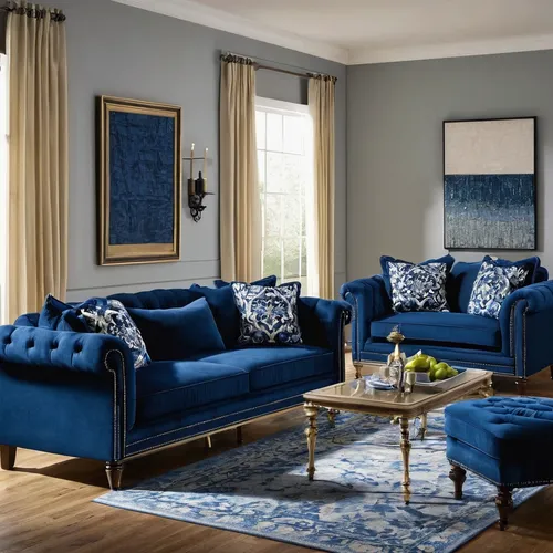 mazarine blue,blue room,sofa set,sitting room,family room,loveseat,blue pillow,chaise lounge,apartment lounge,contemporary decor,slipcover,shades of blue,jasmine blue,settee,royal blue,blue chrysanthemum,cobalt blue,living room,hauhechel blue,ottoman,Art,Classical Oil Painting,Classical Oil Painting 28