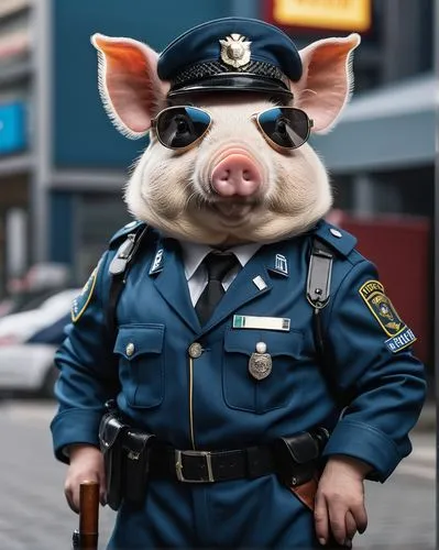 hyper-realistic (highly detailed) photo of 4 cyberpunk (Piggie) thug law-enforcement gang german police uniform full-uniform aviator-sunglasses :: Smoking cigar :: hands on hips with arrogant attitude