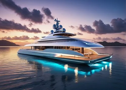 Futuristic yacht, sleek design, naval architecture, white hull, silver trim, glass windows, open deck, luxury lounge chairs, parasol, wooden floor, chrome railings, spotlights, LED lights, ocean waves