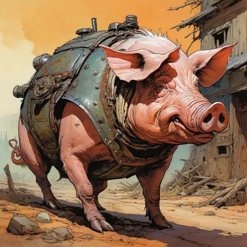 pig,suckling pig,cartoon pig,postapocalyptic,bisley,warthog,Conceptual Art,Fantasy,Fantasy 08