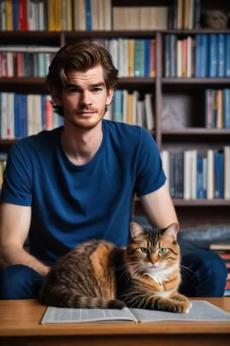 Andrew Garfield, British actor, sitting, cat on lap, gentle stroking, black t-shirt, dark jeans, sneakers, messy brown hair, bright blue eyes, slight smile, dimple on chin, warm indoor lighting, cozy 