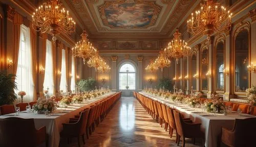 wedding hall,dining room,banqueting,chateau margaux,exclusive banquet,ballroom,ornate room,long table,catering service bern,ritzau,ballrooms,orangerie,banquettes,hôtel des invalides,place setting,table arrangement,royal interior,versailles,breakfast room,candelabras,Photography,General,Realistic