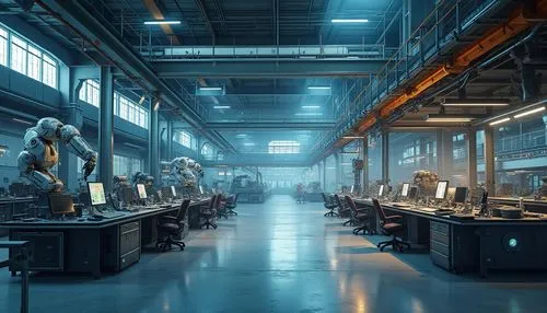 Industrial futuristic factory, steel beams, metallic surfaces, neon lights, robotic machinery, conveyor belts, catwalks, overhead cranes, exposed ductwork, concrete floors, large windows, industrial c