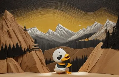 layered papercut of comic toon duck sitting in valley between mountains, 
gold and black papercut,donald duck,pluto,clay animation,paper art,sand art,the duck,chalk drawing,duck on the water,rock pain