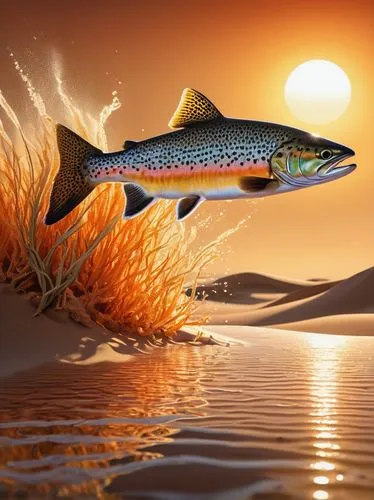 Desert dune landscape, massive sandy hills, a lone trout fish, jumping out of water, splashing in mid-air, shiny scales, vibrant orange stripes, detailed fins, clear water droplets, warm sunlight, gol