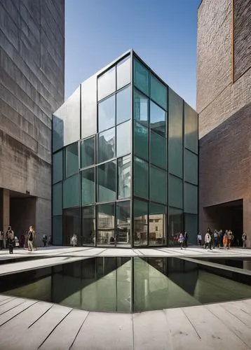 MoMA-inspired museum, Amos Rapaport cultural center, modernist architecture, brutalist concrete structure, geometric glass facade, minimalist interior design, wooden floors, steel beams, industrial li