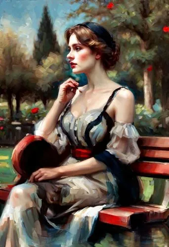 woman at cafe,woman sitting,girl in the garden,woman with ice-cream,girl sitting,park bench,woman playing,habanera,oil painting,woman drinking coffee,mademoiselle,heighton,young woman,victorian lady,p