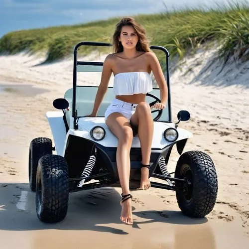 A young woman wearing a white strapless shirt and legging in a beach buggy at the beach,beach buggy,golf cart,quad bike,electric golf cart,golf buggy,4wheeler,four wheeler,golf carts,jeep wrangler,kit