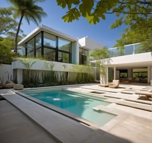 Diseño exterior de una casa moderna estilo minimalista combinando muros de color blanco con muros de tabique aparente, herrería de aluminio con cristal, fotografía hiperrealista, fotografía arquitectó