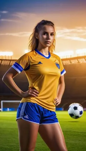 young women Wearing a women's soccer uniform, a crop top and blue nylon shorts. Standing on the field near the soccer ball With the most sexy pose At night there are spotlights shining from the field.