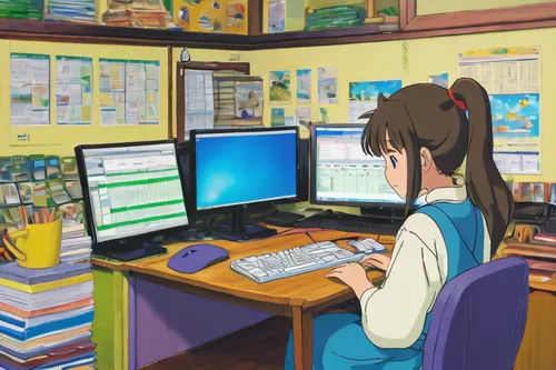 In a Ghibli-like world, a girl uses Excel to create an advertising report in a room with a PC,girl at the computer,school administration software,in a working environment,computer room,girl studying,o